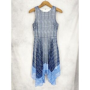 Maggy London Blue White Ombre Check Sleeveless Handkerchief Hem Dress Size 6